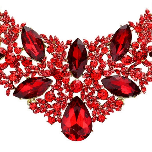 Red Crystal Teardrop Cluster Marquise Stone Evening Statement Necklace Set - Picture 3 of 5